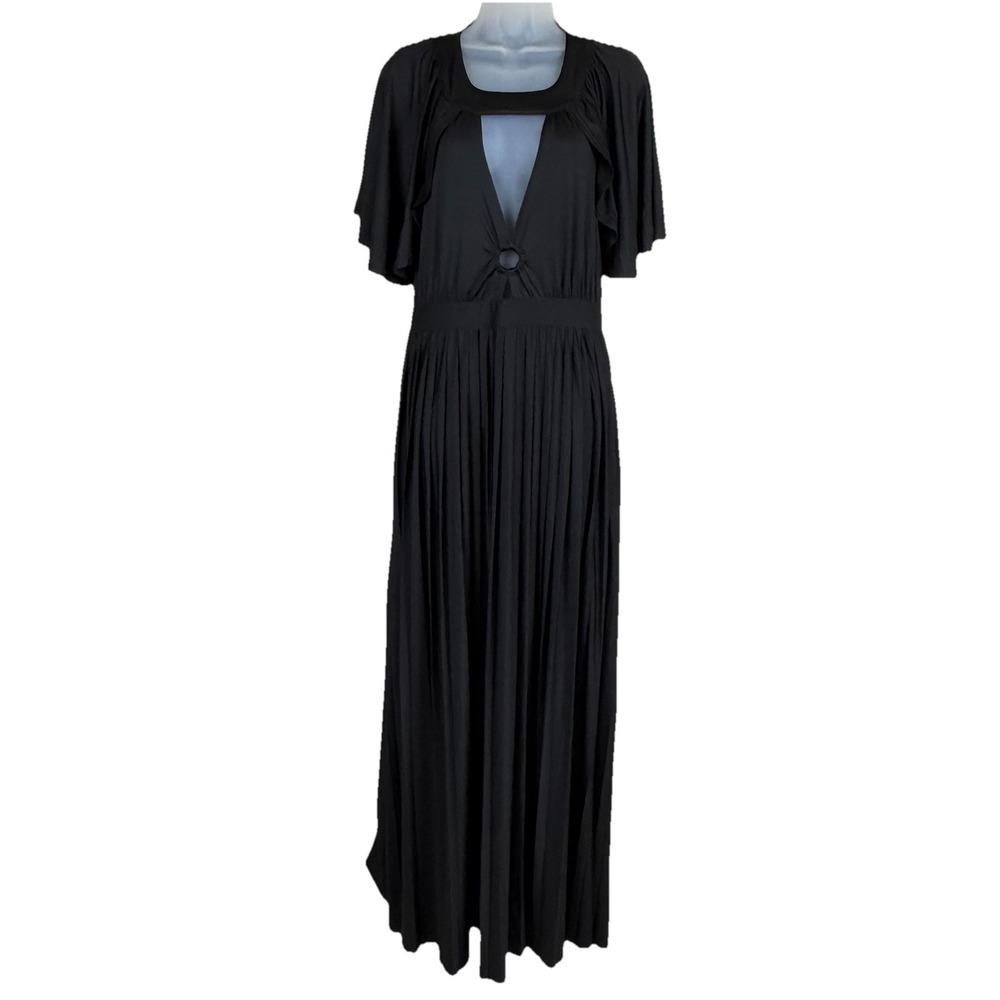 Smak Parlour Black Pleated Cape Maxi Dress Sz L 70s Retro Glam Statement Piece